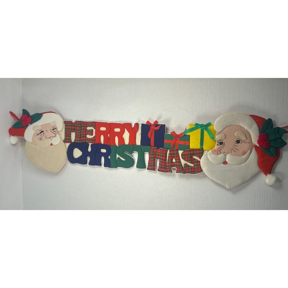 Vintage Merry Christmas Santa 3D Sign Letters Fabric Wall Hanging Decor 34" Read